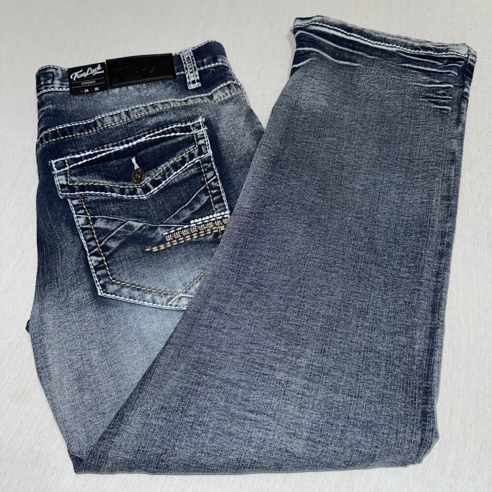 True Luck Men's Jeans Size 34x30 Flap Denim Straight Medium Wash Nice Fade NWT